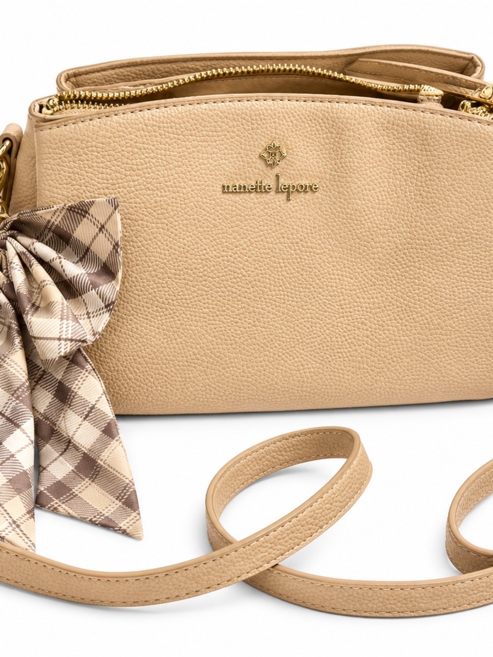 Nanette Lepore Beige Pebbled Crossbody with Bow Scarf